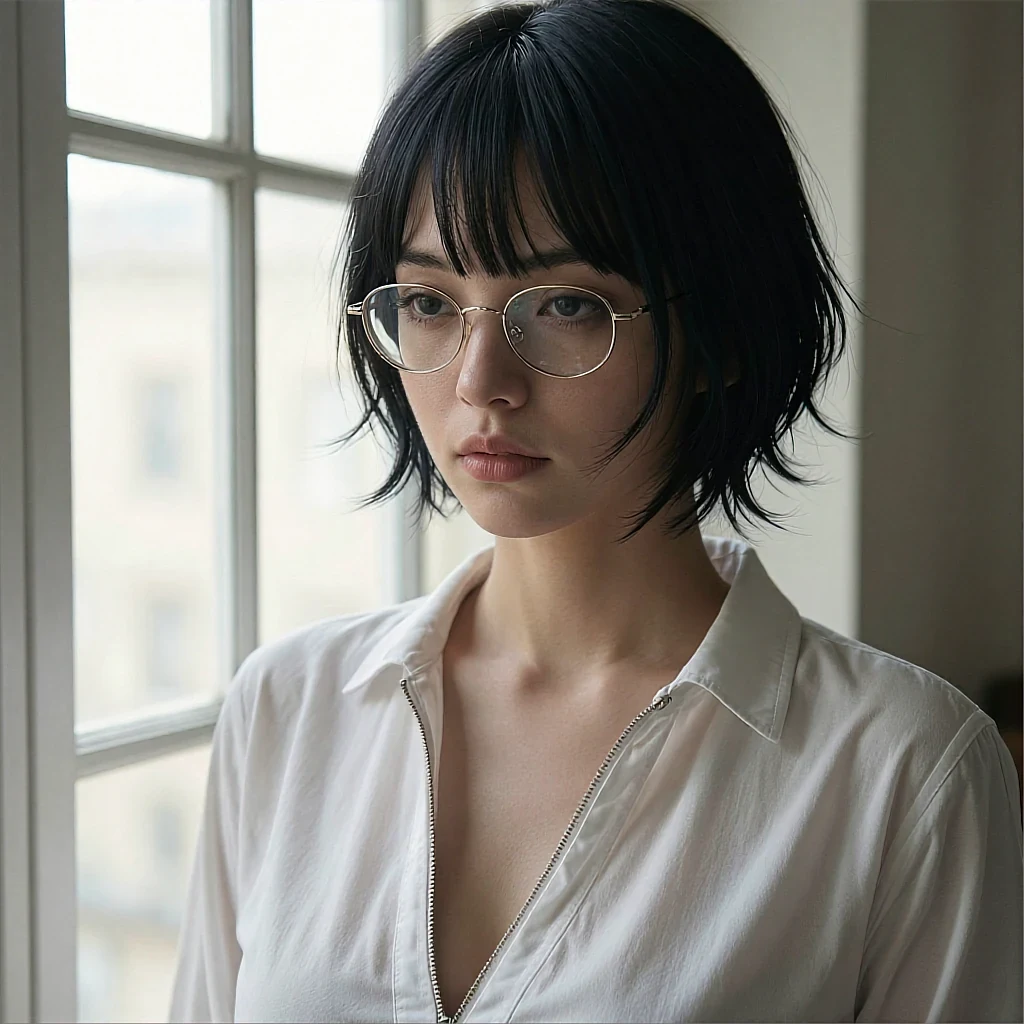 Square avatar of a fictional AI character in warm lamplight