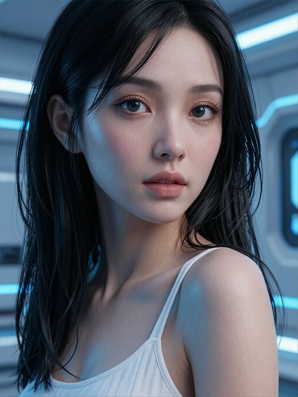 Fictional AI character featured on the third landing page, on a sofa